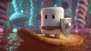 Marshmellow Man With His Shield On His Ginger Biscuit Boat On The Hot Cocoa River